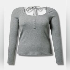 New Torrid 1X(14/16W) Ribbed Scoop Neck Tie Back Long Sleeve Henley-Heather Gray